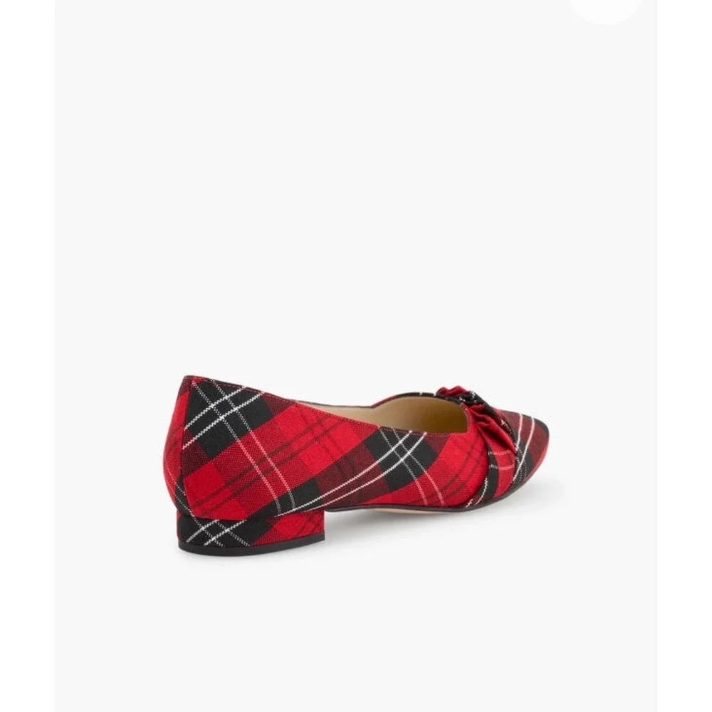 Talbots Edison Pleated Holiday Plaid‎ Pointed Toe Bow Flats Slip On Block - 8.5